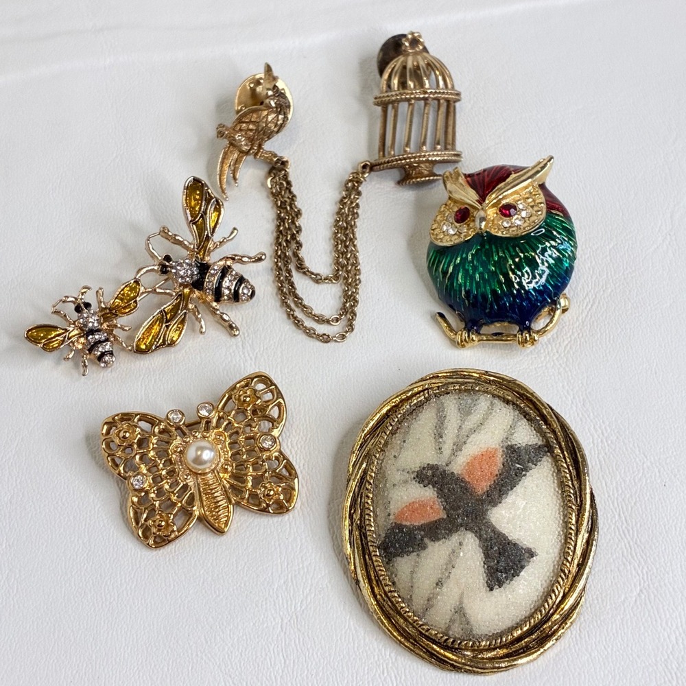 Vintage Brooch Lot Bird Owl Roman Butterfly Bee Enamel Rhinestone‎ Pearl 5pc
